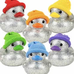 Glitter Rubber Duck With Knit Cap Assorted 6" (EACH)